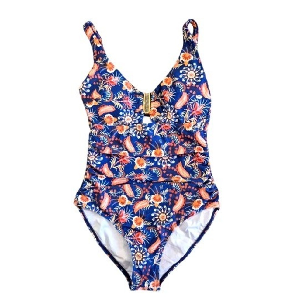 B2PRITY Womens Blue Floral Paisley One Piece Swimsuit Ruched Tummy Control Small